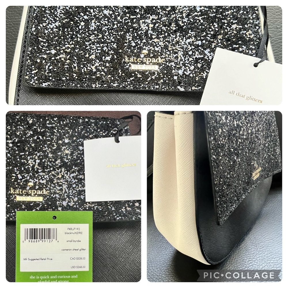 NWT $268 Kate Spade Black & White Sequin Birdie Crossbody Bag